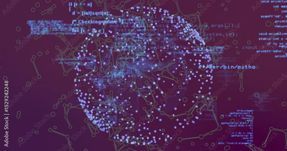 Poster upon loading purple globe code drifting, golden lines forming network visualizing data flow in 3d