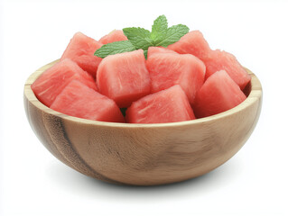 Wooden bowl full of fresh watermelon cubes and mint leaves