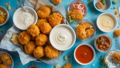 Crispy Chicken Nuggets with Variety of Dipping Sauces – Classic Fast Food Favorite for Kids and Adults, Overhead Vibrant Table Setting