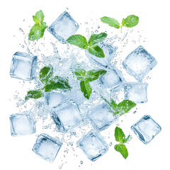  Refreshing Ice Cubes and Mint: An artistic composition showcases glistening ice cubes amidst a burst of water droplets, harmoniously intermingling with fresh, vibrant mint sprigs
