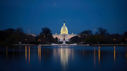 Fototapeta premium Night View of the United States Capitol Building in Washington, D.C., Featuring Illuminated Architecture and Iconic American Landmark Scenery