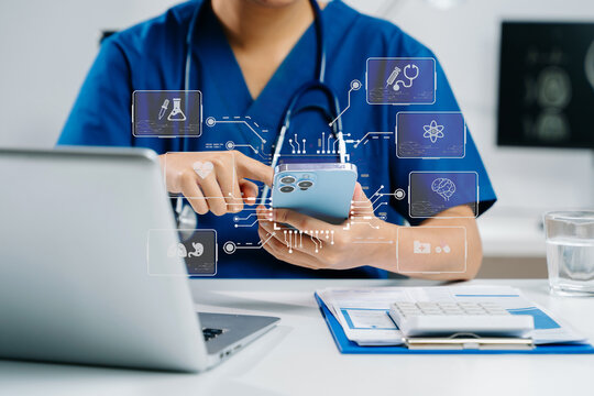 Doctor using smartphone with medical tech interface overlay. Concept of health app, telemedicine, and digital innovation