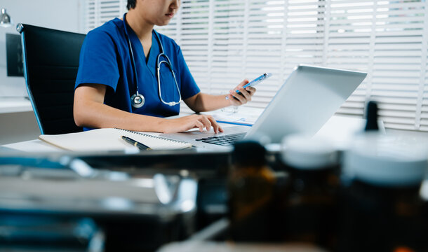 Medicine doctor hand working with modern digital tablet computer interface
