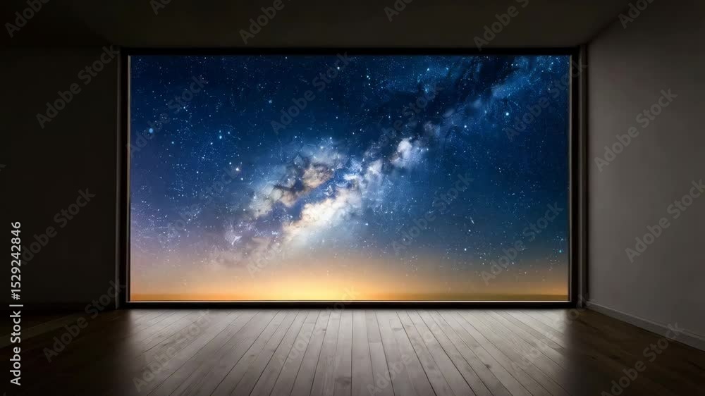 Poster view of the milky way galaxy from an empty room with wooden floor, creating a window into the cosmos