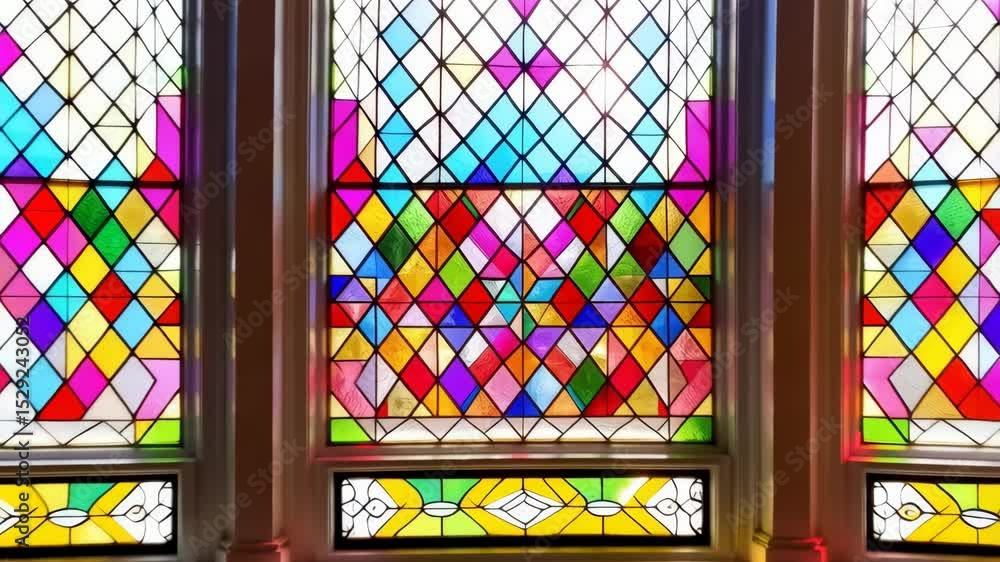 Poster colorful geometric patterned stained glass window with rhombus and triangular shapes in a framed win