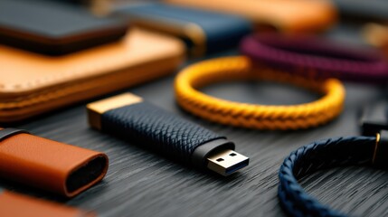 Collection of stylish tech accessories including USB drives, wallets, and bracelets on a wooden surface