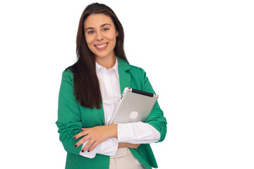 Smiling businesswoman holding a tablet, exuding confidence and professionalism in a stylish green...