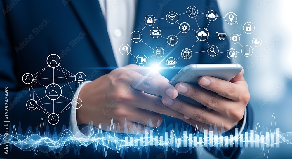 Aufkleber business person using smartphone with digital network icons and graphs.