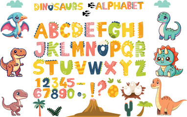 Fototapeta premium Cartoon dino font. Dinosaur alphabet letters and numbers, funny dinos letter signs for nursery or kindergarten kids vector illustration set. Alphabet dinosaur, abc kids letter typography