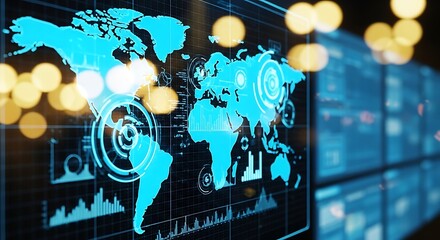 Global data analytics visualization displays world map on digital screen
