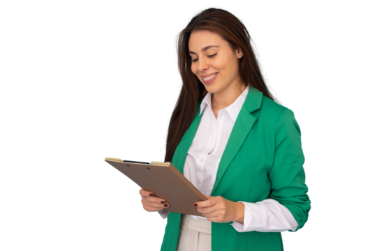 Smiling businesswoman wearing a green jacket and holding a clipboard, reading notes on a transparent background