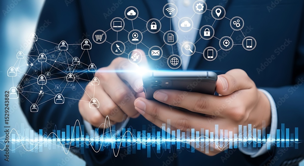 Poster businessman using smartphone connected to cloud network and digital data.