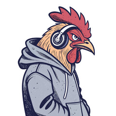 A streetwise chicken, wearing a grungy hoodie and headphones, poses defiantly amidst urban decay.  Gritty, urban, cool.