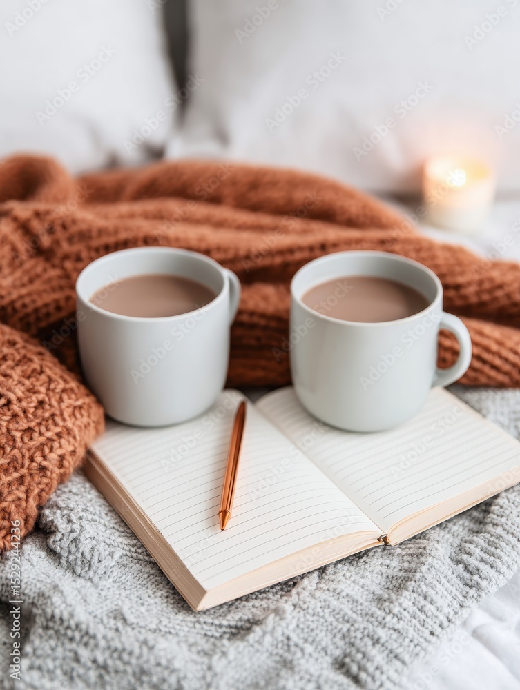 Poster cozy scene featuring two cups of warm beverage on an open notebook with a soft blanket