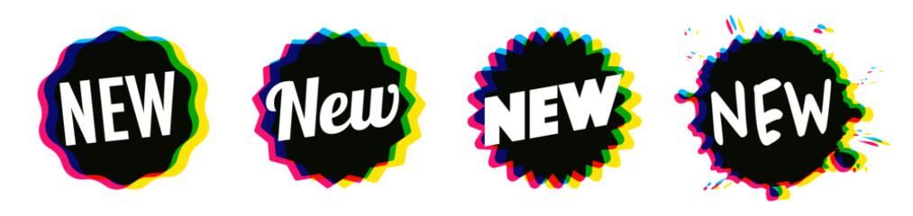 "New" on a black star shape with offset colors"