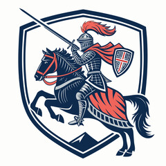 Naklejka premium A stylized knight, valiant and powerful, rides a charging warhorse, brandishing a shield; dynamic action pose, fantasy art style.