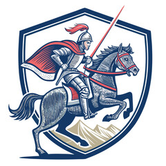 A stylized knight, vibrant colors, dramatically riding a charging horse, wielding a shield, fantasy art style.