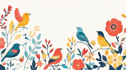 Colorful birds and floral elements, symbolizing spring and natural beauty