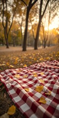 Gingham Picnic Blanket on Grassy Field at Sunset