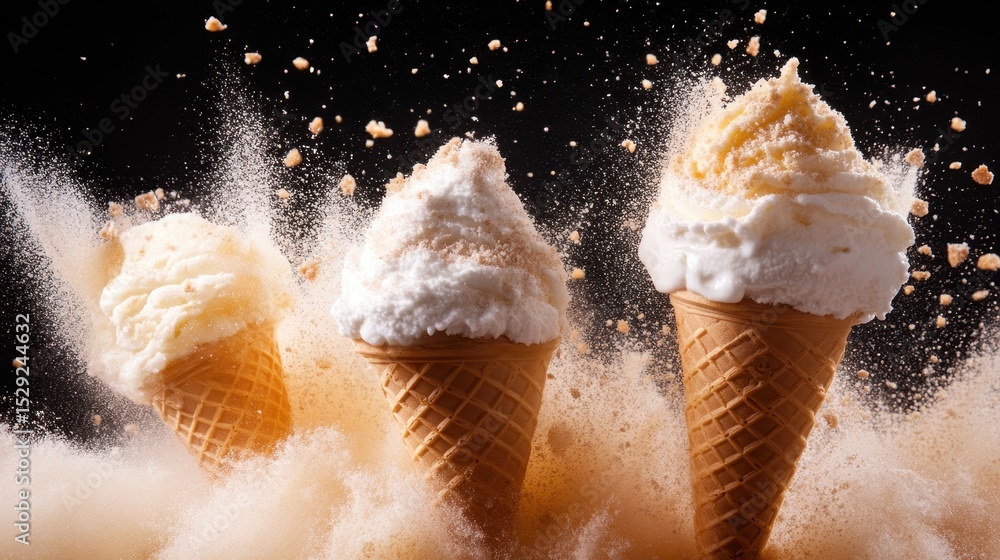 Poster an exciting capture of three ice cream cones erupting with creamy textures, emphasizing delicious fl