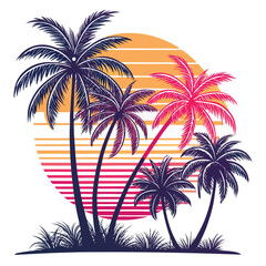 Create a vibrant, retro-styled illustration of stylized palm trees gracefully swaying beneath a neon-pink sun.  Emphasis on bold colors and smooth lines.