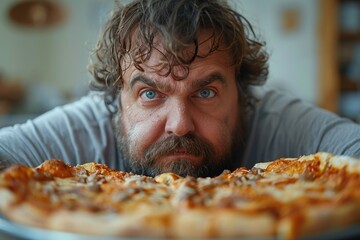 A man with an earnest expression gazes at a large pizza, capturing the joyful essence of food, appetite, and the delightful moments shared around meals with loved ones.