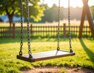 Empty Swing Set at Sunset in a Grassy Yard