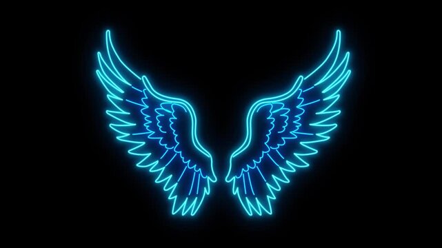 Pair Of Blue Neon Angel Wings Perfect For Music Album Covers, Fantasy Book Illustrations, Or Ethereal Themed Graphic Designs. A Pair Of Glowing Neon Wings In Pink And Blue Light On A Dark Background.