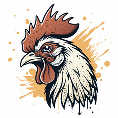 Create a stylized rooster head illustration with an oil painting texture and vibrant color splatter effect.  The style should be bold and graphic.