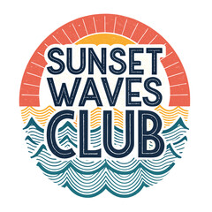 Vibrant stylized sunset over crashing ocean waves; luxurious beach club silhouette;  evocative tropical sunset scene.