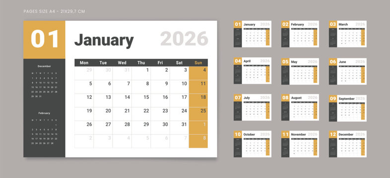 Set of 12 Pages Monthly Calendar Planner Templates on 2026 year. Vector mockup of a wall or desktop calendar with the week starting on Monday for printing. Page for size A4 -21x29.7 cm