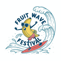 A cartoon banana in sunglasses surfs a wave made of fruit at a vibrant Fruit Wave Festival.  Illustrative style.