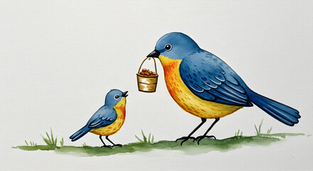Watercolor illustration of a mother bird giving gifts to her chicks in her cozy nest.