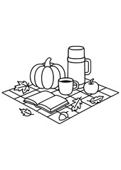 Cozy autumn black and white scene with plaid blanket, open book, tea cup, thermos, pumpkin, apple, and fall leaves. Perfect for engraving and prints