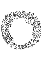 Black and white wreath frame with autumn leaves, pumpkins, and rowan berries. Ideal for engraving, prints, logos, and seasonal designs