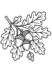 Black and white vector of autumn twig with leaves and acorns. Perfect for engraving, print design, logos, and seasonal creative projects