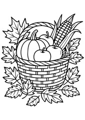 Black and white vector of a harvest basket with pumpkin, apples, corn, and autumn leaves. Perfect for engraving and seasonal designs