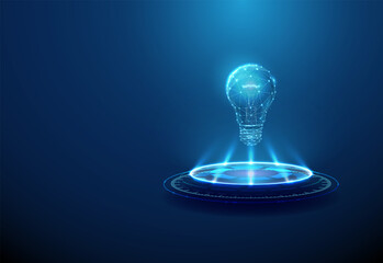 Light bulb on futuristic podium. Innovation, idea generation, smart technology, creative thinking concept.