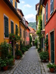 Fototapeta premium Village street view. Colorful houses along the cobblestone road. Plants and flowers decorate the buildings. Old traditional European architecture.