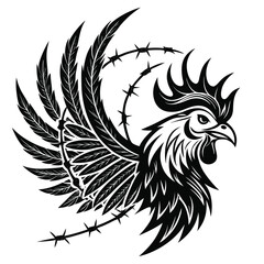 Design a fierce tattoo-style rooster with barbed wire wings, thick lines, and a bold, aggressive stance.  Include detailed feather textures.