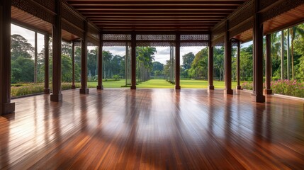 Fototapeta premium Serene wooden pavilion overlooking lush garden landscape with vibrant flora and tranquil atmosphere