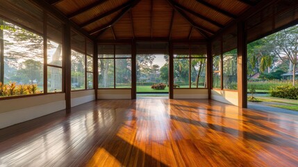 Fototapeta premium Serene wooden interior of a spacious pavilion bathed in morning sunlight, overlooking lush gardens