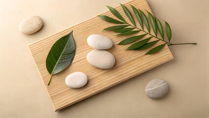 Modern Natural Flat Lay Mockup with Wooden Board, Stones, and Green Leaves