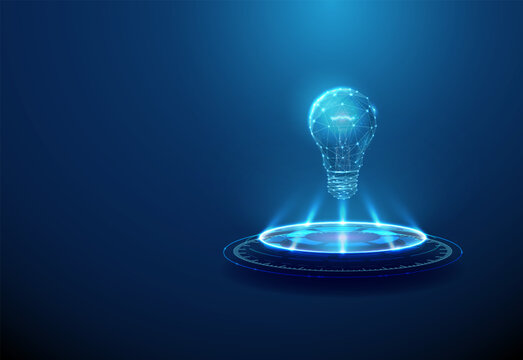 Light bulb on futuristic podium. Innovation, idea generation, smart technology, creative thinking concept.