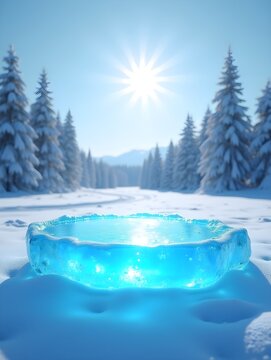 A luminous blue ice platform on a snowy field, with snow-covered trees in the background, and a bright sun shining above