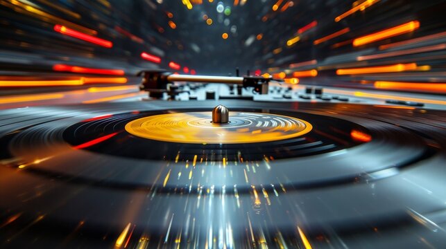 An abstract close-up of a vinyl record spinning on a turntable, captured in vibrant motion, illustrating the lively essence of music and sound in a creative way.