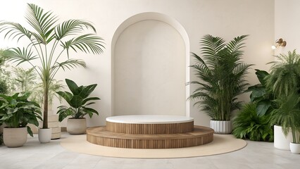 Modern Product Podium in Neutral Space with Arch Niche and Tropical Plants