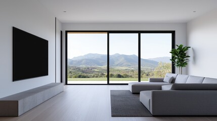 Modern minimalist living room with mountain view and large windows in contemporary interior design