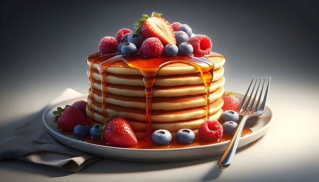 A stack of pancakes with syrup and fresh berries on a white plate
