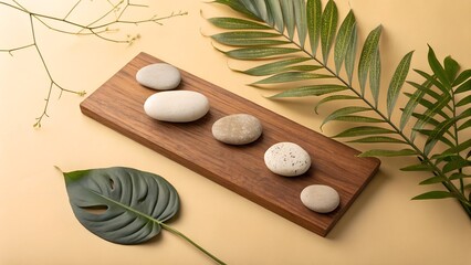 Nature Touch Minimalist Mockup with Wooden Board, Zen Stones, and Greenery